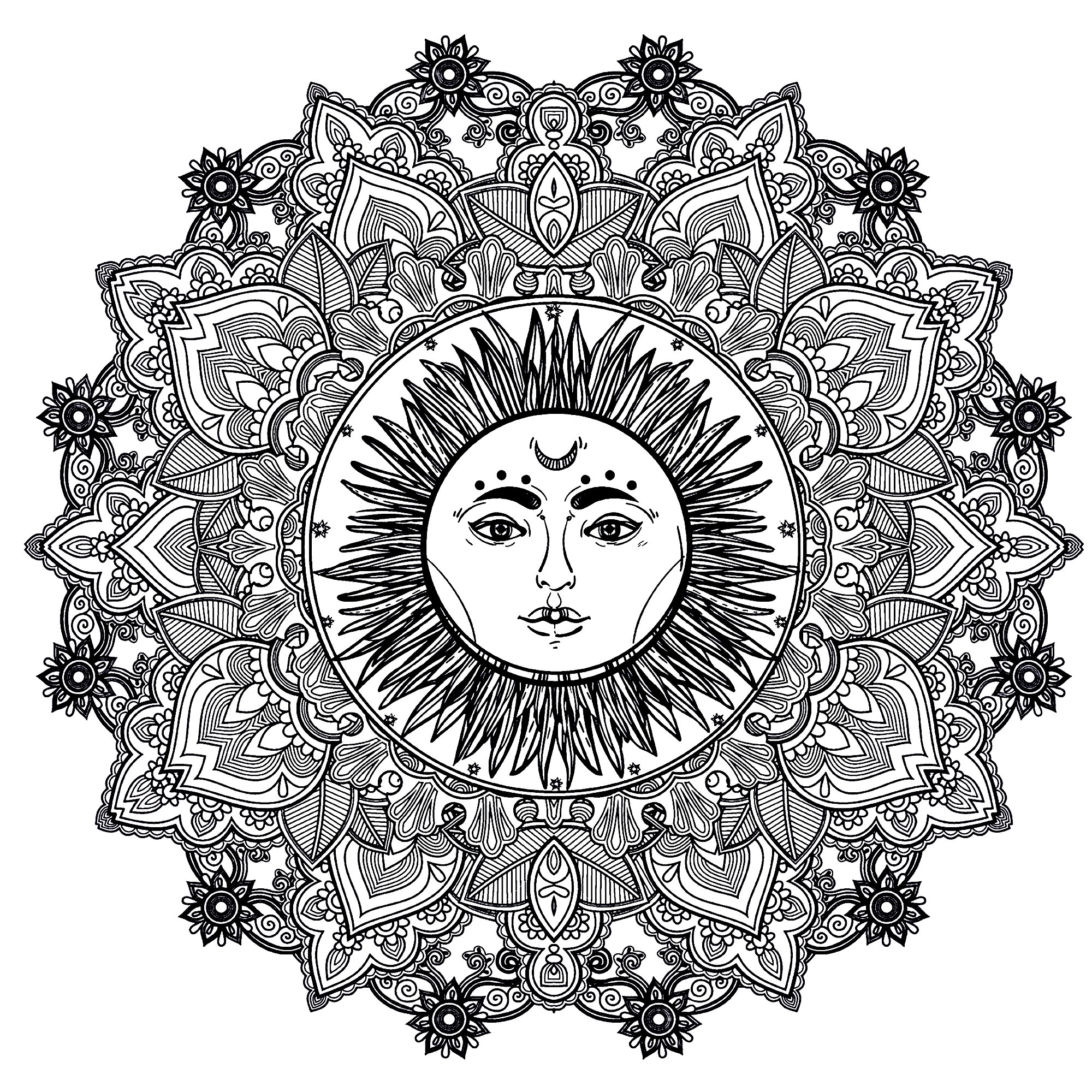 Un Mandala molto armonioso, con al centro un bel sole dal volto umano, per un momento di puro relax. Sentirete subito i benefici dell'Arteterapia.