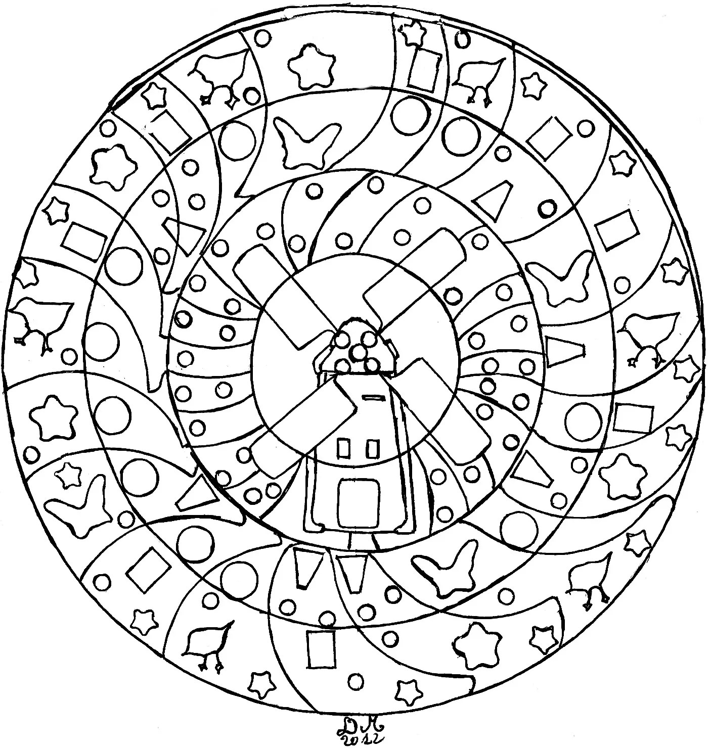 Mandala disegnato a mano con mulino a vento, di Domandala (Zen e anti-stress)