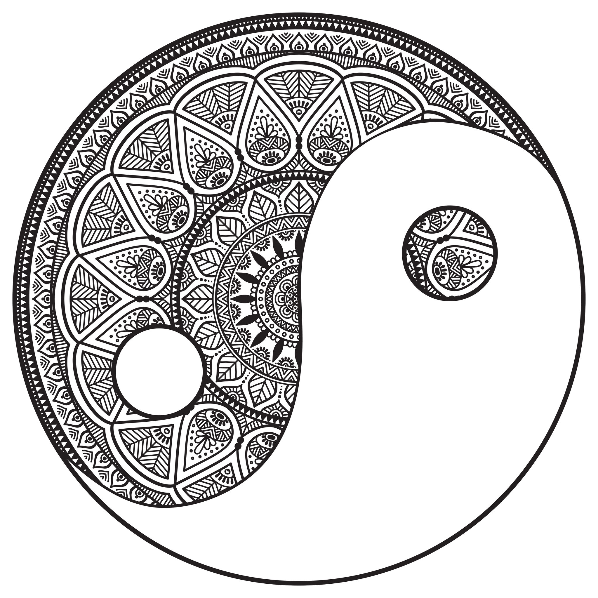 Scegliete la tecnica che preferite per colorare questo esclusivo Mandala che rappresenta il simbolo dello Yin e dello Yang! Aggiungete la vostra anima a questo bellissimo Mandala... potete lasciare l'area bianca vuota o colorarla, a voi la scelta.