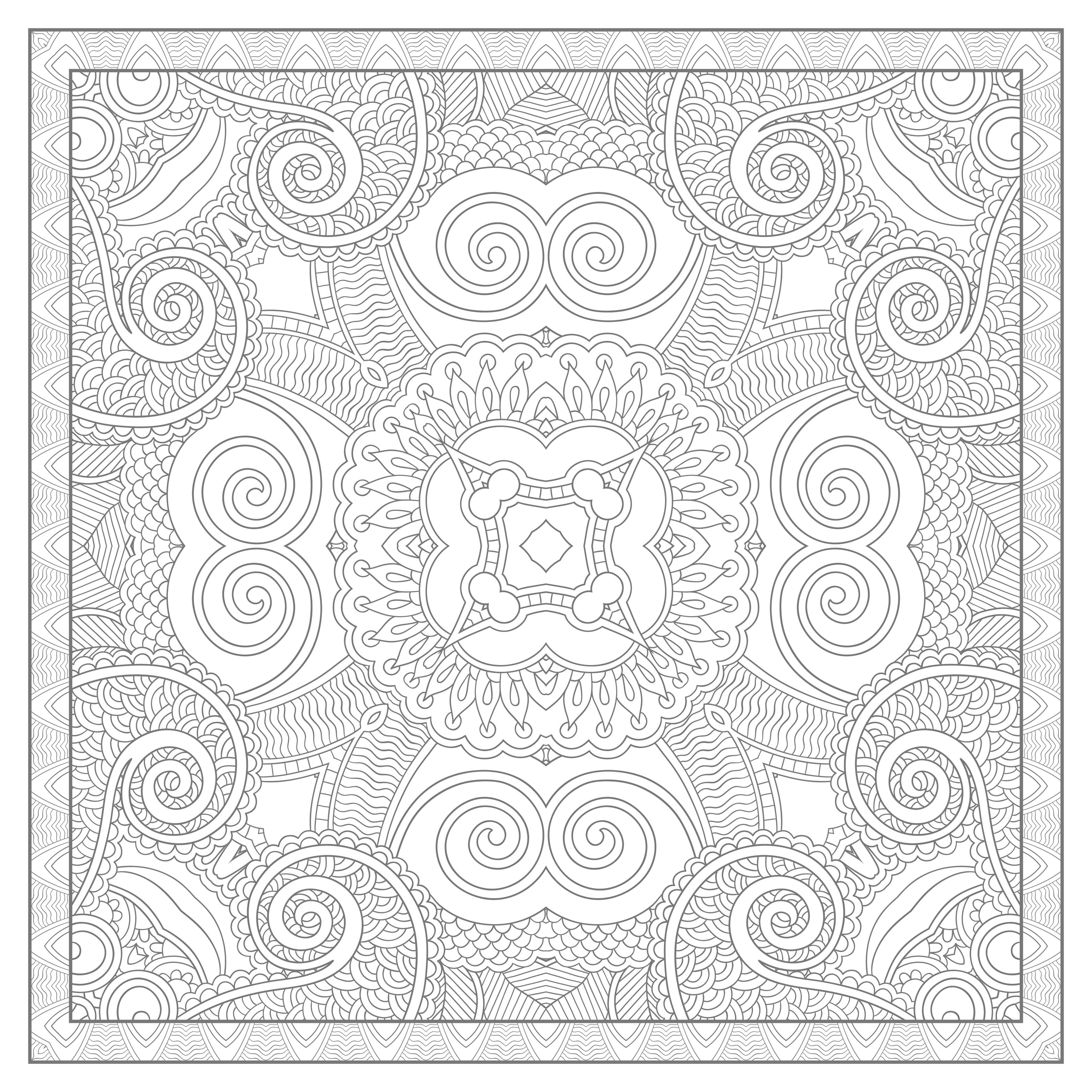 Un Mandala molto rilassante, anche molto complesso, per un momento di pura decompressione. Ha una forma quadrata (originale) e le sue linee sono in grigio anziché in nero.